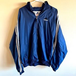 Adidas Vintage Mens M Wind Breaker Zip Up Jacket Blue 100% Nylon Optional Hood